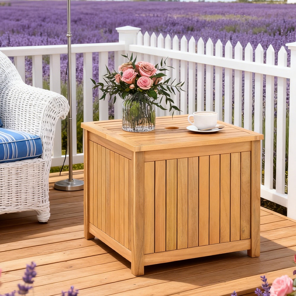 2-in-1 Outdoor Side Table With Storage Acacia Wood Slatted Coffee Table Square/Round Slatted End Storage Box As Side Table And Storage Box Reinforced Crossbars And Protective Foot Pads_voghion.com